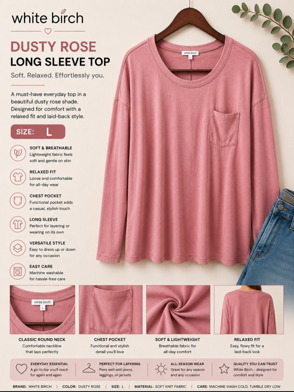 white birch Dusty Rose Long Sleeve Pocket Tee